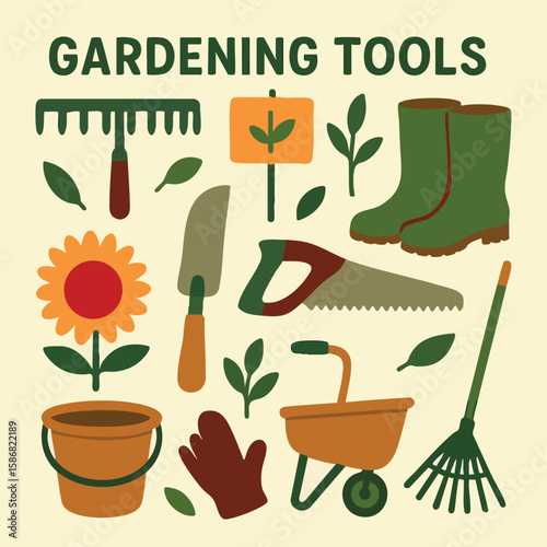 A set of gardening tools bucket, shovel, rake, and wheelbarrow