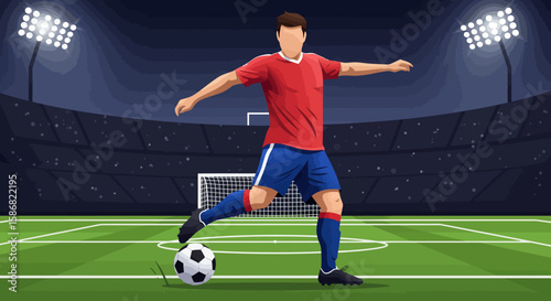 Soccer Player Kicking Ball in Stadium Vector Illustration Night Game.