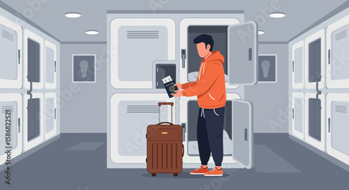 Young Traveler Placing Belongings In Storage Lockers At Hostel Accommodation