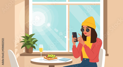 Stylish Woman Enjoys Brunch Taking Pictures For Social Media In Sunny Cafe