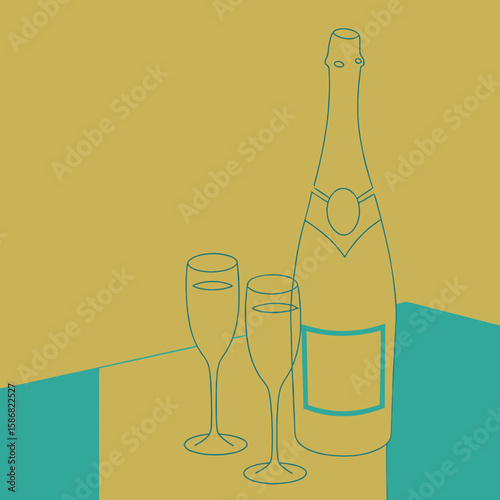 Champagne bottle and glasses in minimalist style on yellow background  