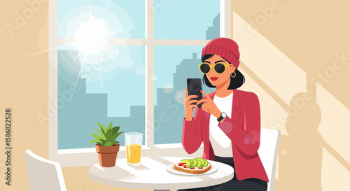 Stylish Woman Capturing Breakfast Moment in Cafe for Social Media Post