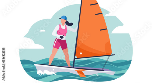 Woman Sailing with Orange Sailboat on Wavy Sea Vector Illustration.