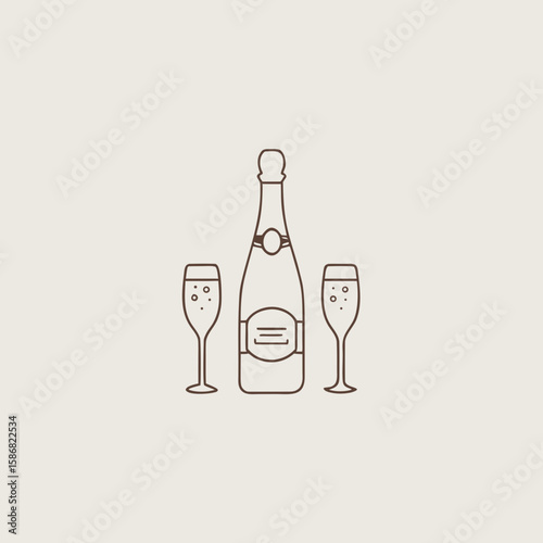 Champagne bottle with two flutes on neutral background  