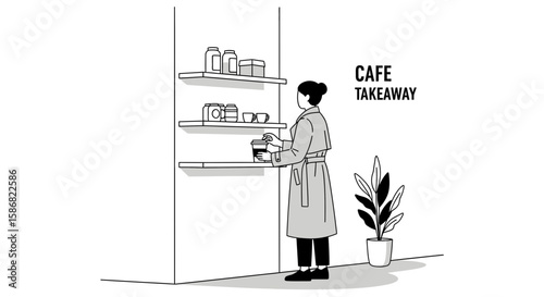 Stylish Woman Picks Up Coffee In A Minimalist Designed Cafe Takeaway