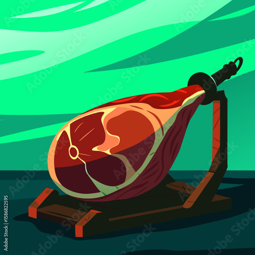 Jamon ham displayed on wooden stand with green abstract background  
