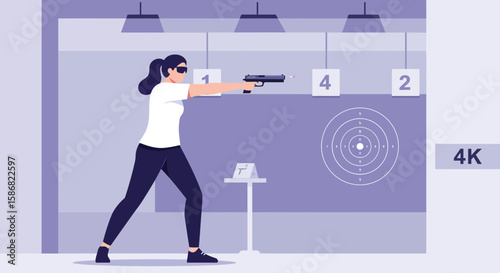 Woman Shooting Pistol at Target in Shooting Range Vector Illustration.