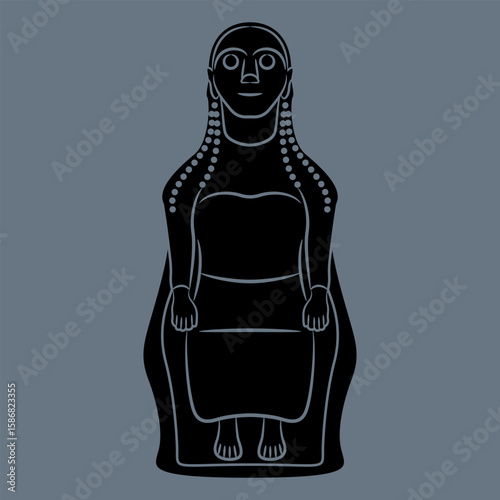 Seated archaic Ancient Greek goddess. Ethnic female figurine. Monochrome silhouette.