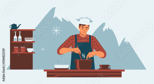 Wintery Culinary Scene Young Chef Preparing Food In Snowy Landscape Graphic Illustration