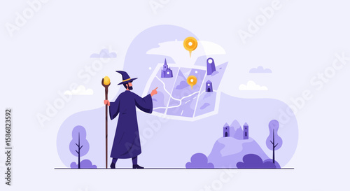 Wizard Planning Adventure With Map And Staff In A Fantasy Landscape Illustration