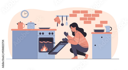 Woman Baking Cookies Home Cozy Illustration Cooking With Oven Appliances Kitchen