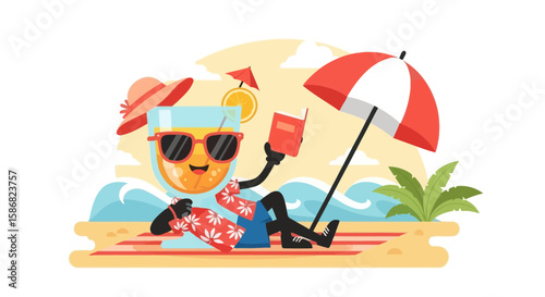 Summer Refreshment Relaxing On A Sunny Beach With Seaside Umbrella And Reading A Book