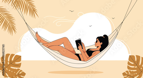 Summer Vacation Woman Resting In Hammock And Reading A Book On Tropical Beach