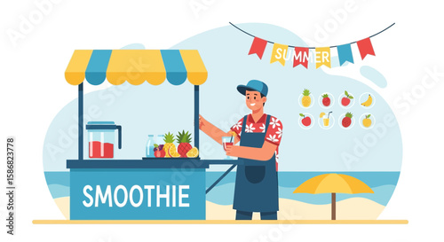 Summer Vibe With Tropical Smoothie Vendor on Beach With Fresh Fruits
