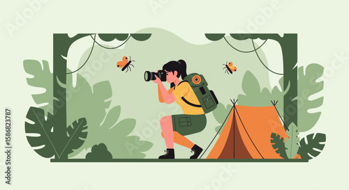 Young Woman Photographer Taking Photo In Nature At Camping Trip Illustration
