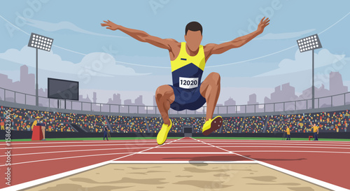 Long Jumper in Mid-Air at Stadium Vector Illustration.