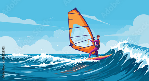 Windsurfer Riding Waves: Vibrant Colors Dynamic Action Coastal Sport Vector Illustration.