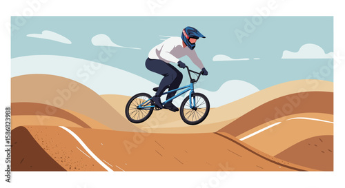 BMX Rider Soaring Over Dirt Track Flat Illustration Adventure Sport.