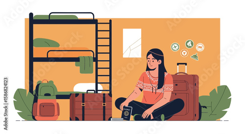 Young Woman Preparing For Backpacking Trip Sitting With Passport And Travel Stickers