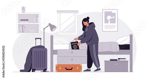 Young Woman Preparing Travel Documents For Holiday In Bedroom At Home