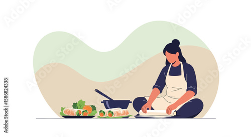 Young Woman Preparing Vietnamese Spring Rolls At Home In Her Kitchen