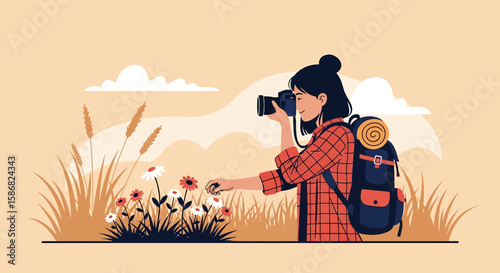 Woman Capturing Nature's Beauty On Camera During A Hiking Trip On A Sunny Day