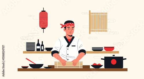 Sushi Chef Preparing Rolls With Traditional Utensils In Asian Restaurant