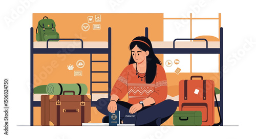 Young Woman Sitting Cross Legged and Planning a Trip in a Hostel Room