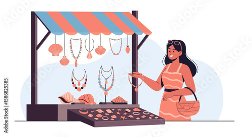Woman Considers Buying Shell Jewelry At Seaside Market Stall On Vacation
