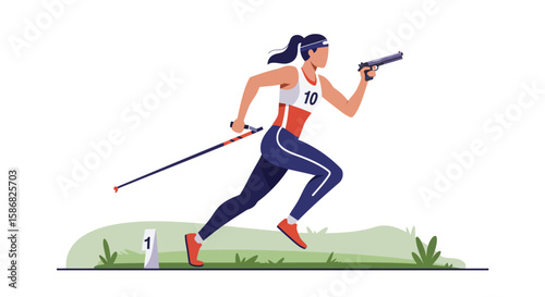 Biathlon Athlete Running with Gun and Ski Pole Vector Illustration.