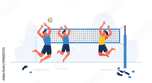 Teamwork And Agility: Men Playing Beach Volleyball On A Sunny Day