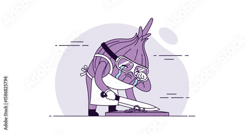 The Crying Onion Cartoon Wearing Apron And Goggles Cutting Onions On Cutting Board