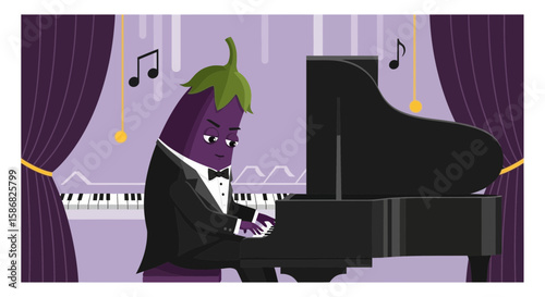 The Eggplant Pianist Plays A Concert On Stage In A Classical Style