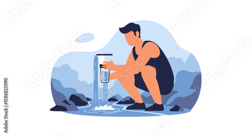 Thirsty Hiker Filling Drinking Glass From Natural Spring During Hike Adventure