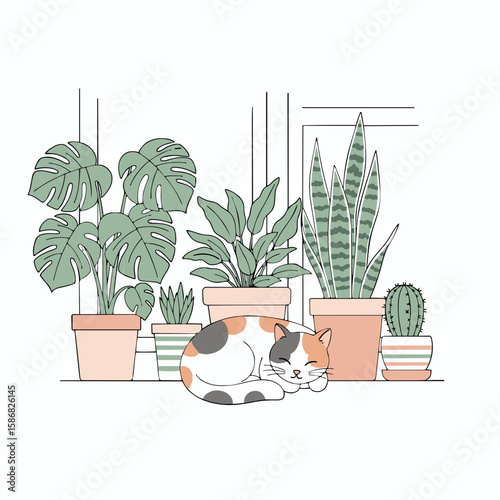 Cozy Cat Sleeping Beside Houseplants on Windowsill – Minimalist Flat Vector Illustration