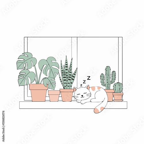 Cozy Cat Sleeping Beside Houseplants on Windowsill – Minimalist Flat Vector Illustration