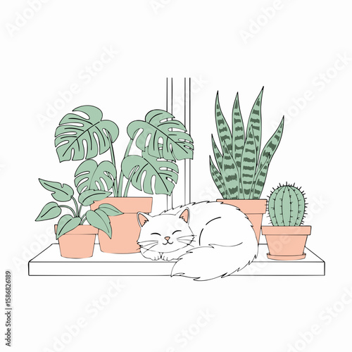 Cozy Cat Sleeping Beside Houseplants on Windowsill – Minimalist Flat Vector Illustration