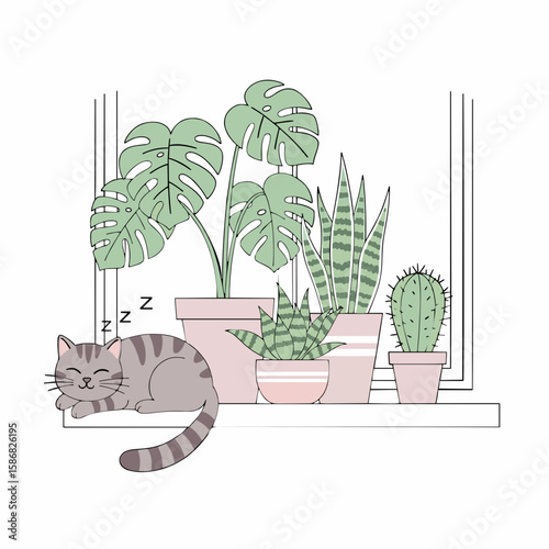 Cozy Cat Sleeping Beside Houseplants on Windowsill – Minimalist Flat Vector Illustration