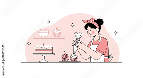 Woman Decorating Cupcakes With Cream in a Home Kitchen Interior Concept