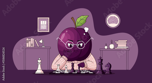Thoughtful Plum Playing Chess Cartoon Concept In Purple Tones Creative Illustration
