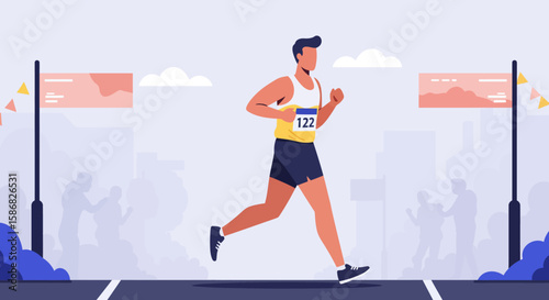 Marathon Runner Sprinting Towards Finish Line Vector Illustration Flat Design Cityscape Background.