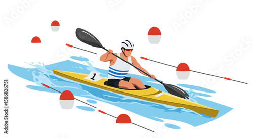 Kayak Racer Paddling Through Water Competition Vector Illustration Isolated.