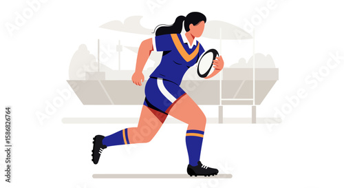 Dynamic Rugby Player Illustration: Blue and Gold Uniform Stadium Backdrop.