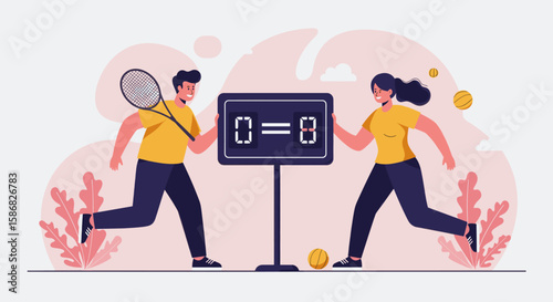 A man and a woman are standing near a tennis scoreboard with the score set to 0-0. The woman is holding a tennis racket while the man appears to be adjusting the scoreboard. 