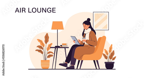 Woman Enjoying Coffee And Working Remotely In Modern Air Lounge Interior