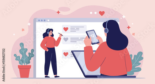 This image represents digital interaction, emotional connections, and social media influence on personal life. It symbolizes the contemplation and engagement with modern technology, social media, 