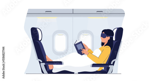Woman Enjoying Flight With Book And Eye Mask Relaxing Inside Airplane