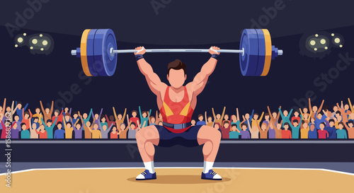 Weightlifters Triumph: Vector Illustration of Strength Crowd and Spotlight.