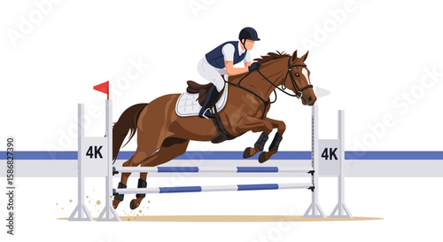 Equestrian Show Jumping: Horse and Rider in Mid-Air Over Obstacle 4K Detail.