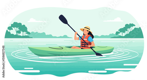 Woman Enjoying Kayaking On Peaceful Lake During Summer Vacation Outdoors